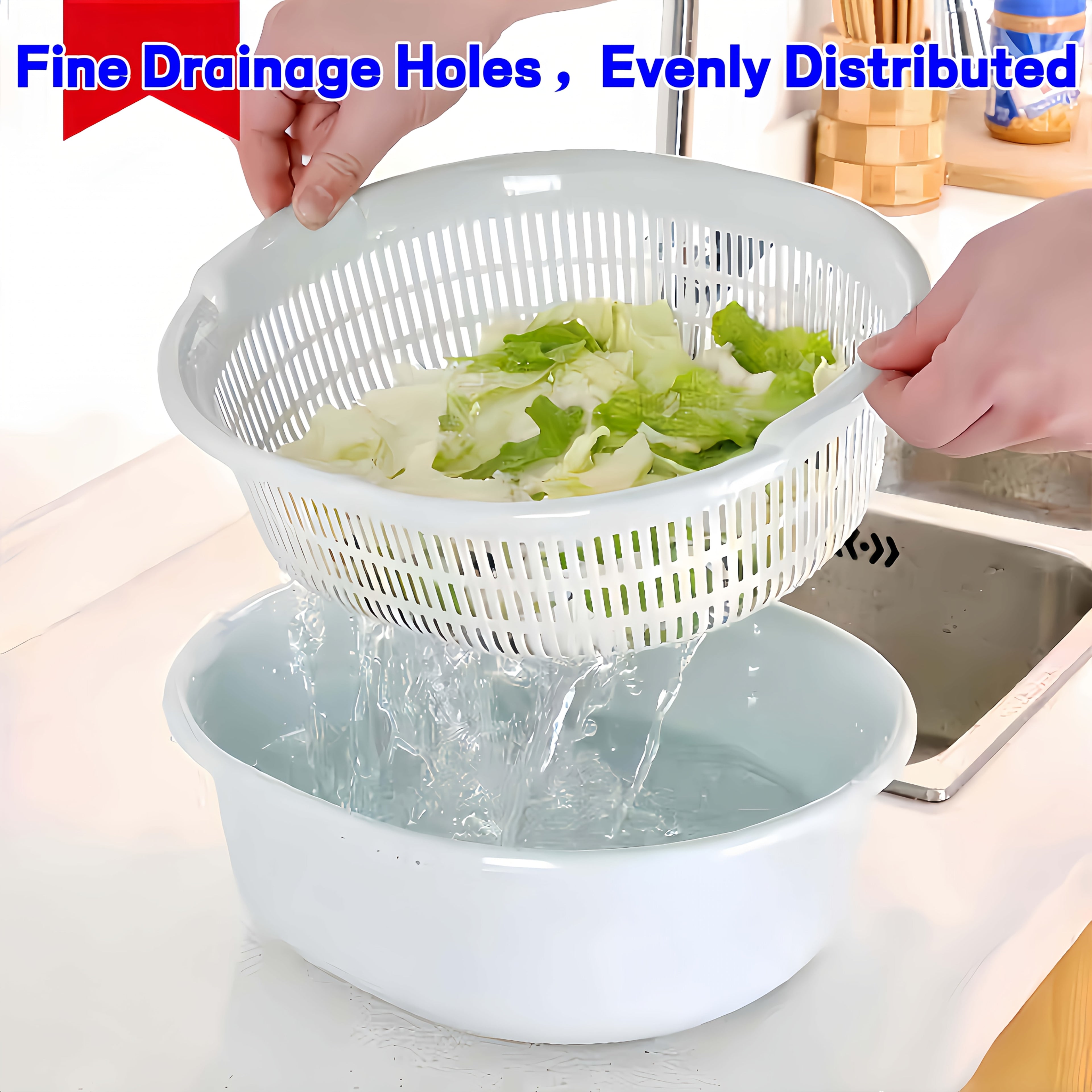 Heavy-Duty Large Capacity Double-Layer Drain Basket with Deep Base & Two-Tier - Heavy-Duty Plastic Kitchen Basket Suitable for Washing Fruits\u002FVegetables, Draining Liquids - Home & Commercial Use