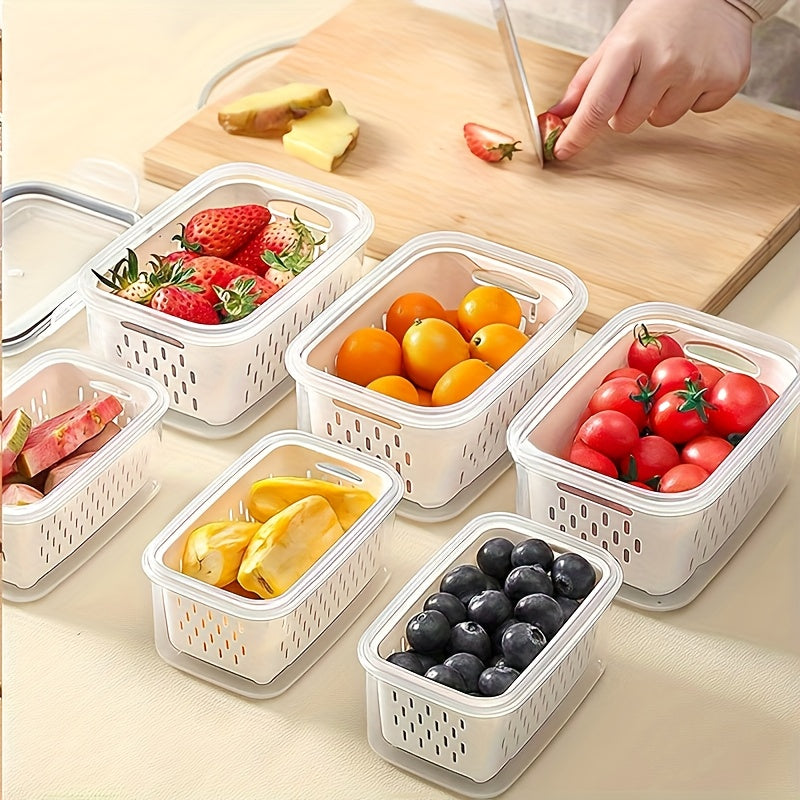 Set of 6pcs Including 2 Containers, 2 Drain Baskets, And 2 Lids. These Food-Grade Storage Boxes Feature a Drainage Function And Are Designed for Breathable Storage. They Are Stackable Household Baskets Suitable for Organizing Fruits, Vegetables