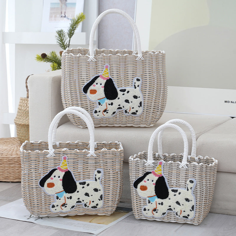 Vintage Plastic Woven Dachshund Shopping Basket | Handheld, Non-Collapsible, 33.81oz-84.54oz Capacity, Ideal for Groceries, Pets, Bath, and Gifts