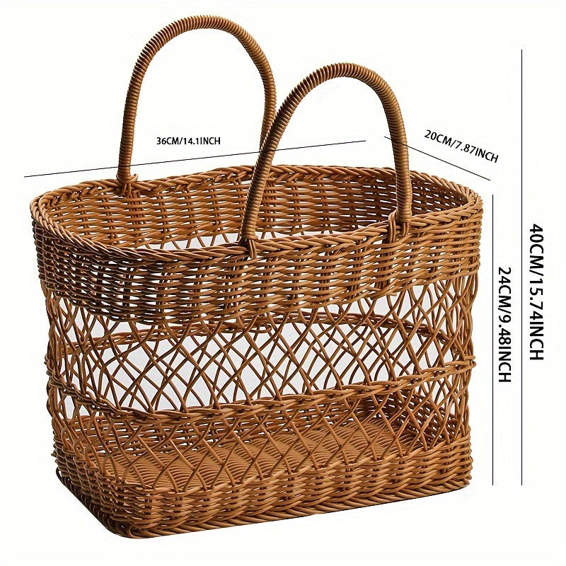 Portable Woven Rattan-Style Plastic Picnic Basket - Lightweight & Sturdy Wicker-Like Outdoor\u002F Use, Brown Shopping Cart for Groceries, Beach, Park, Camping - Durable Woven Basket (No Heavy-Duty)