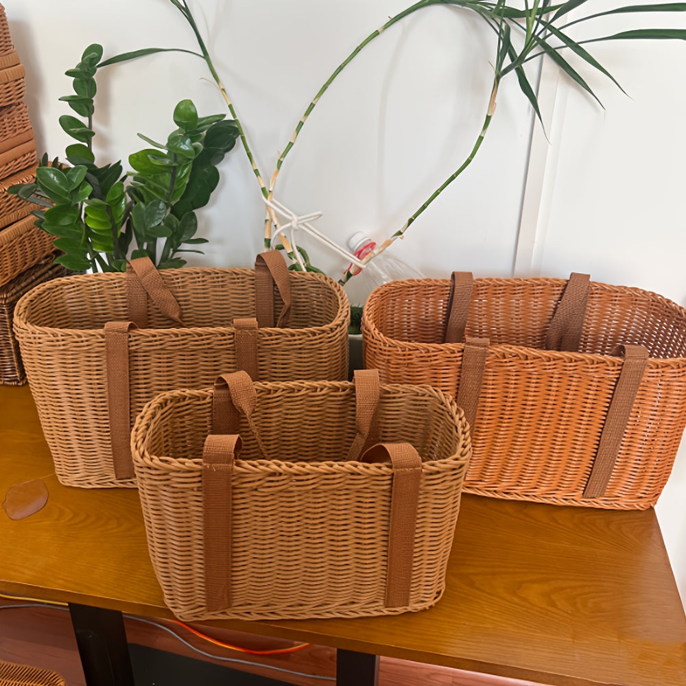 1\u002F3pcs Handmade Shelving Additions - Faux Rattan Woven, Handheld Outdoor Picnic Basket, S Fruit Shopping Grocery Tote, Retro Style with Brown Handle for Outdoor Picnics, Home Storage And Decor, Picnic Essentials Carrier Non-Food Direct Contact